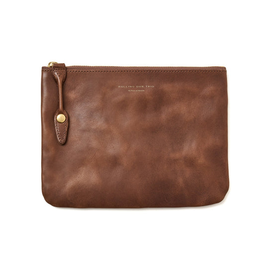 SQUARE ZIP & SNAP POUCH (M) –BROWN LEATHER
