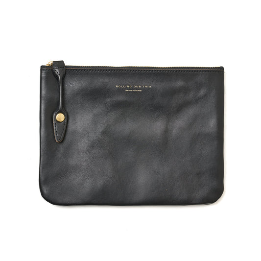 SQUARE ZIP & SNAP POUCH (M) –BLACK LEATHER