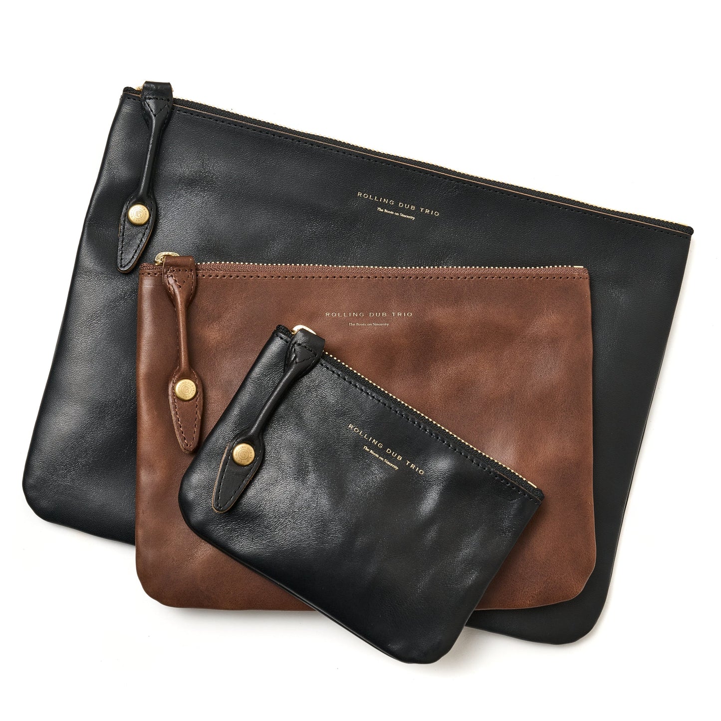 SQUARE ZIP & SNAP POUCH (M) –BLACK LEATHER